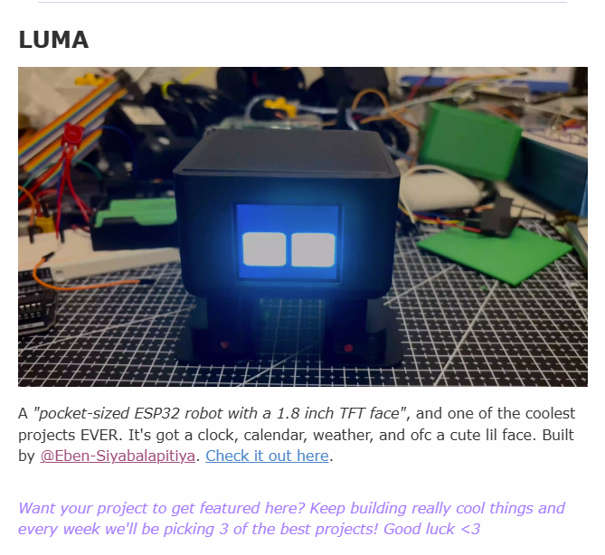 Hack Club Stardance newsletter featuring LUMA as a project of the week